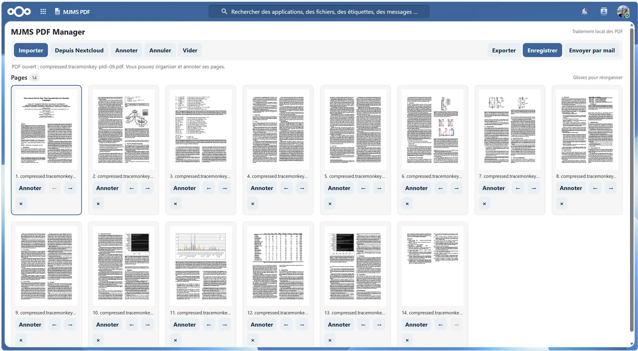 Interface MJMS PDF Manager dans Nextcloud avec les vignettes et les commandes de réorganisation des pages PDF