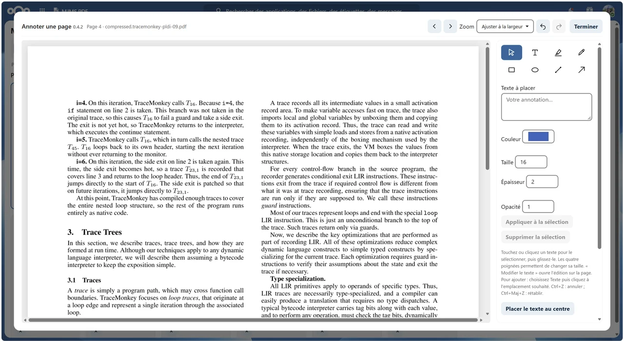 Éditeur d’annotations de MJMS PDF Manager avec les outils de texte, dessin, formes et réglages de couleur