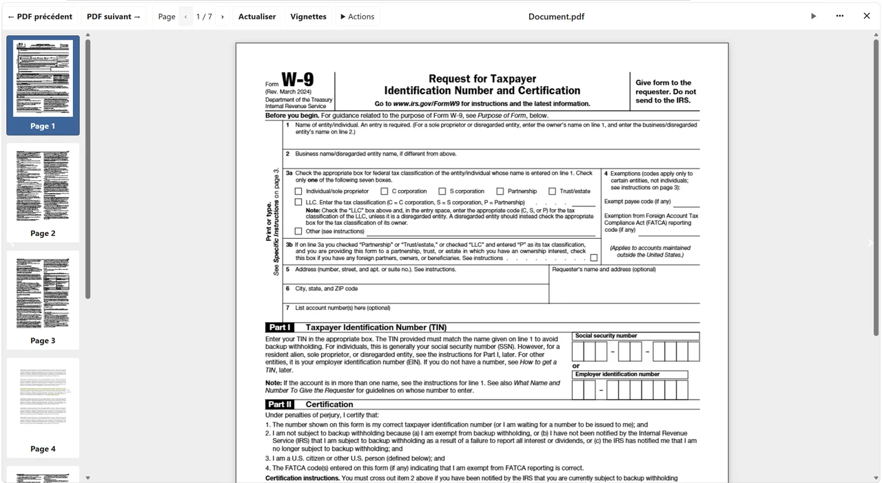 MJMS PDF Viewer affichant un document PDF avec navigation entre les pages et panneau de vignettes